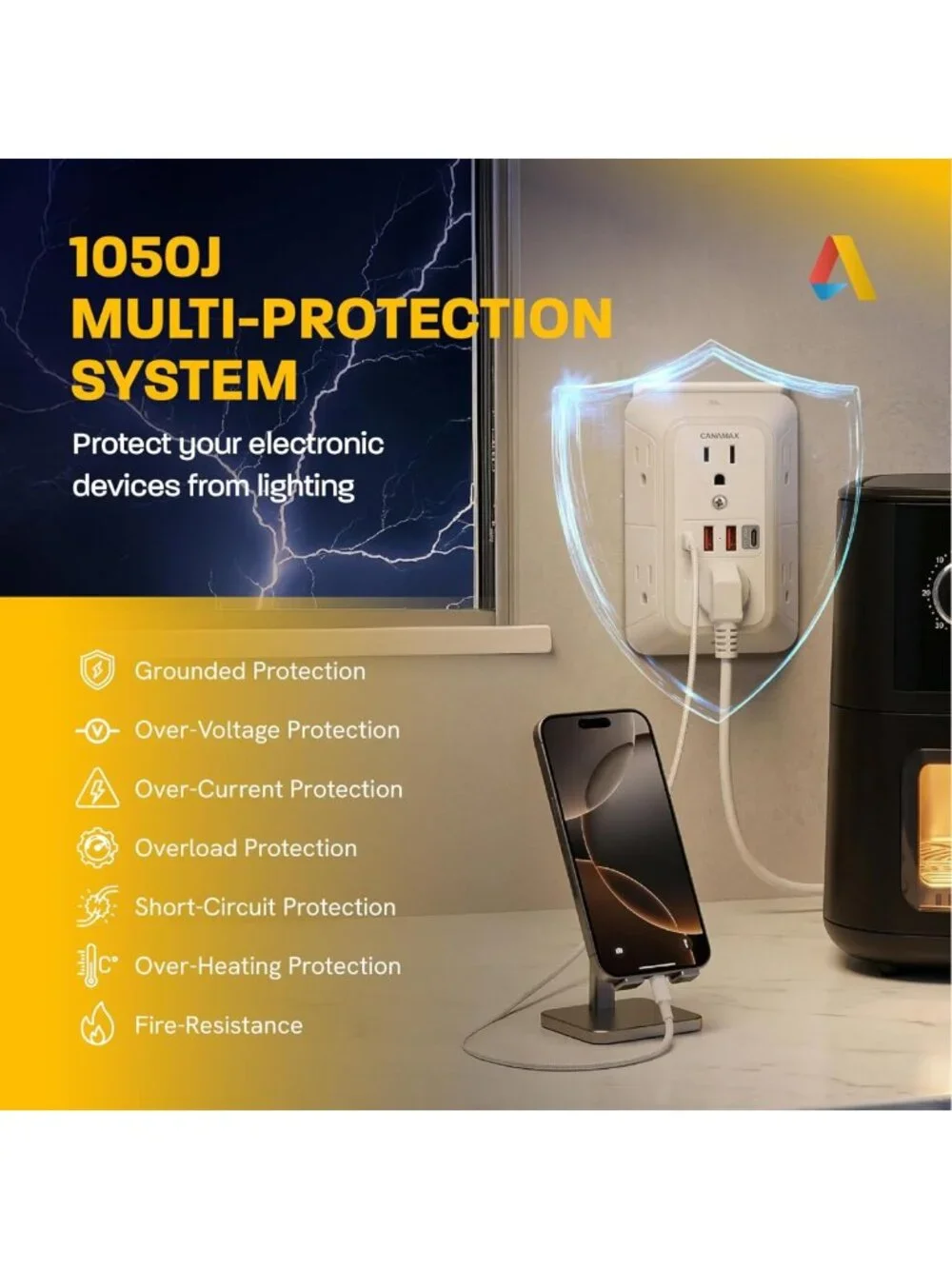 6 Outlet Wall Plug Extender with 4 USB Ports, Fast Charging, Surge Protector